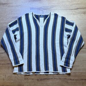 Vintage 90s STRUCTURE Striped Knit V-Neck Sweater Cream Green Blue Thick Heavy